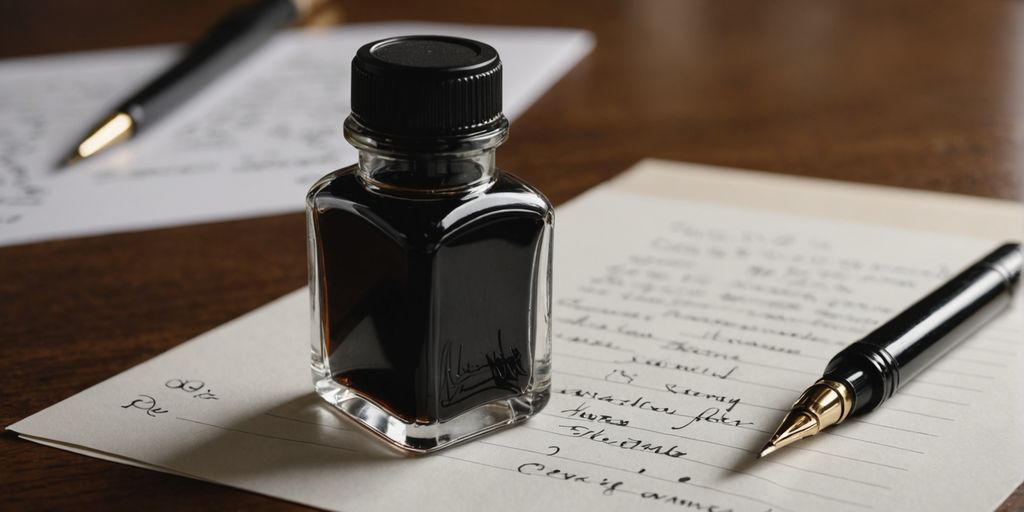 Calligraphy ink bottle, pen, and paper on desk