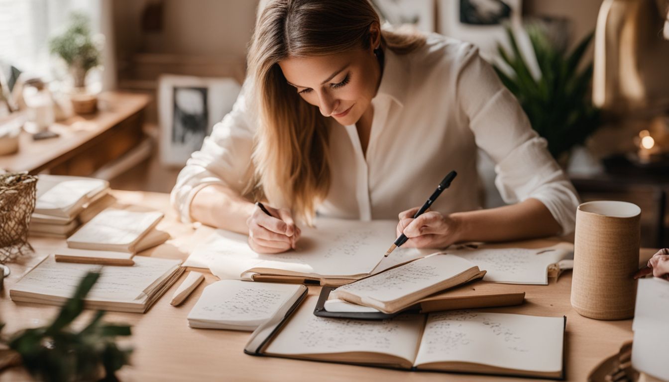 A woman in her 30s browsing Etsy for calligraphy quotes.