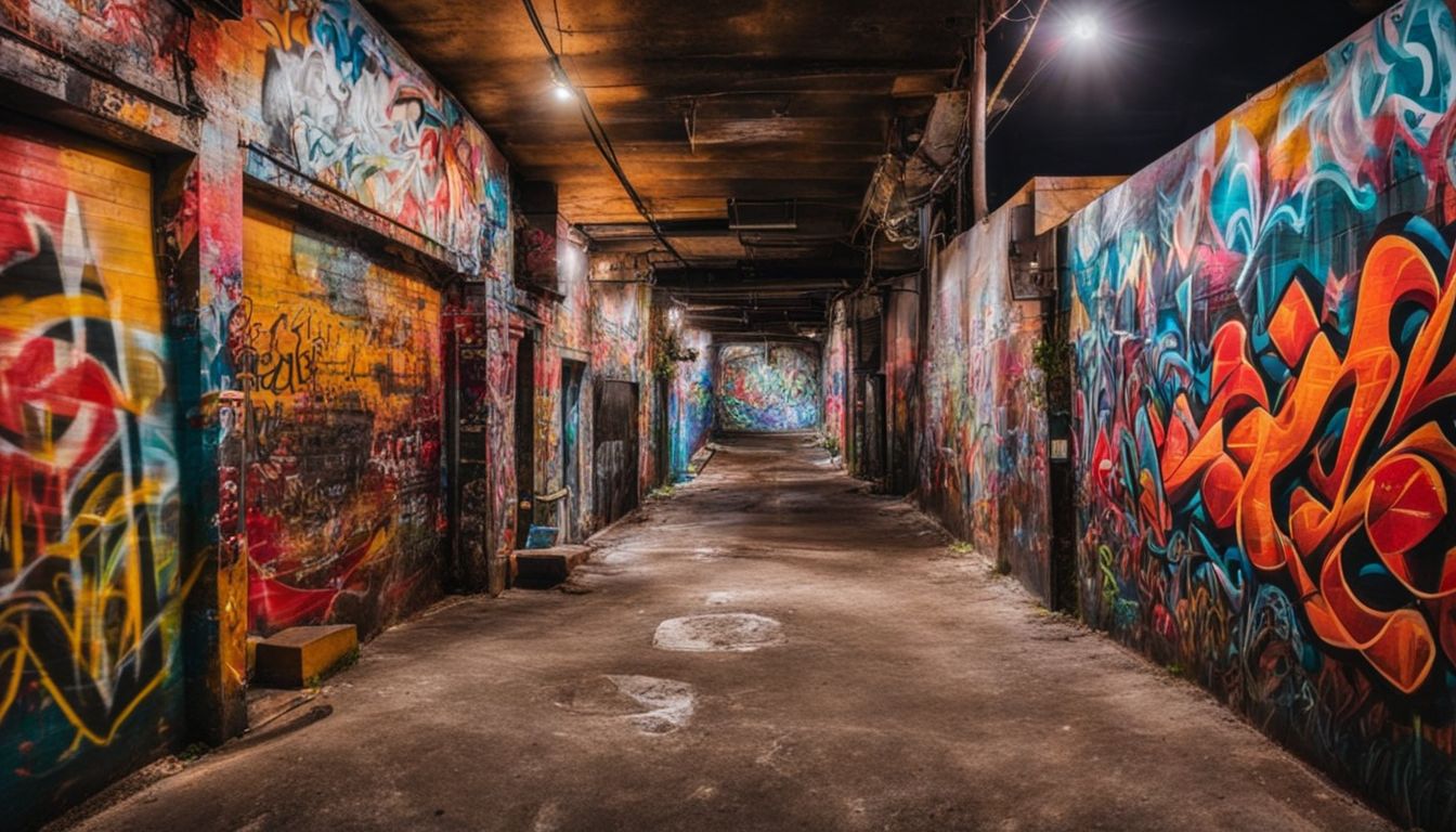 Colorful urban alleyway with calligraffiti murals blending graffiti and calligraphy.