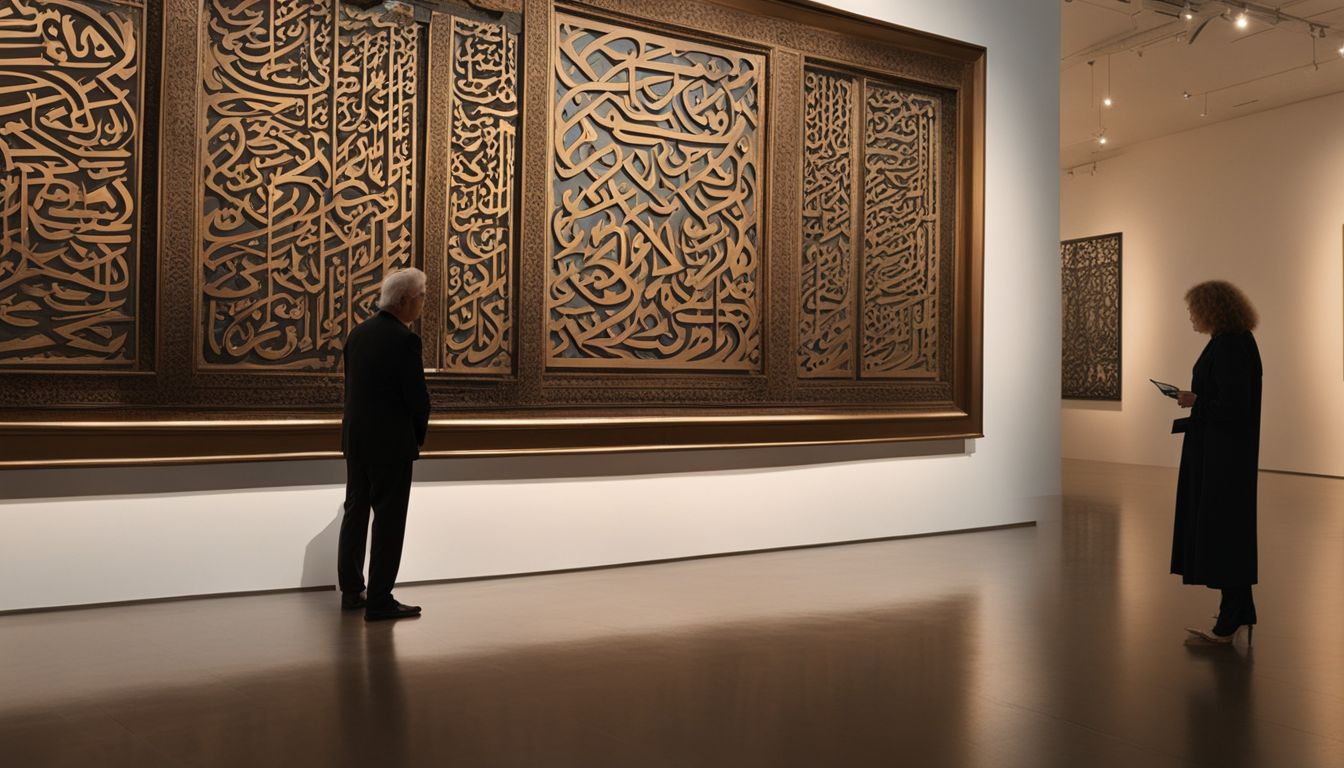 Elderly couple admiring Arabic calligraphy in contemporary art gallery.