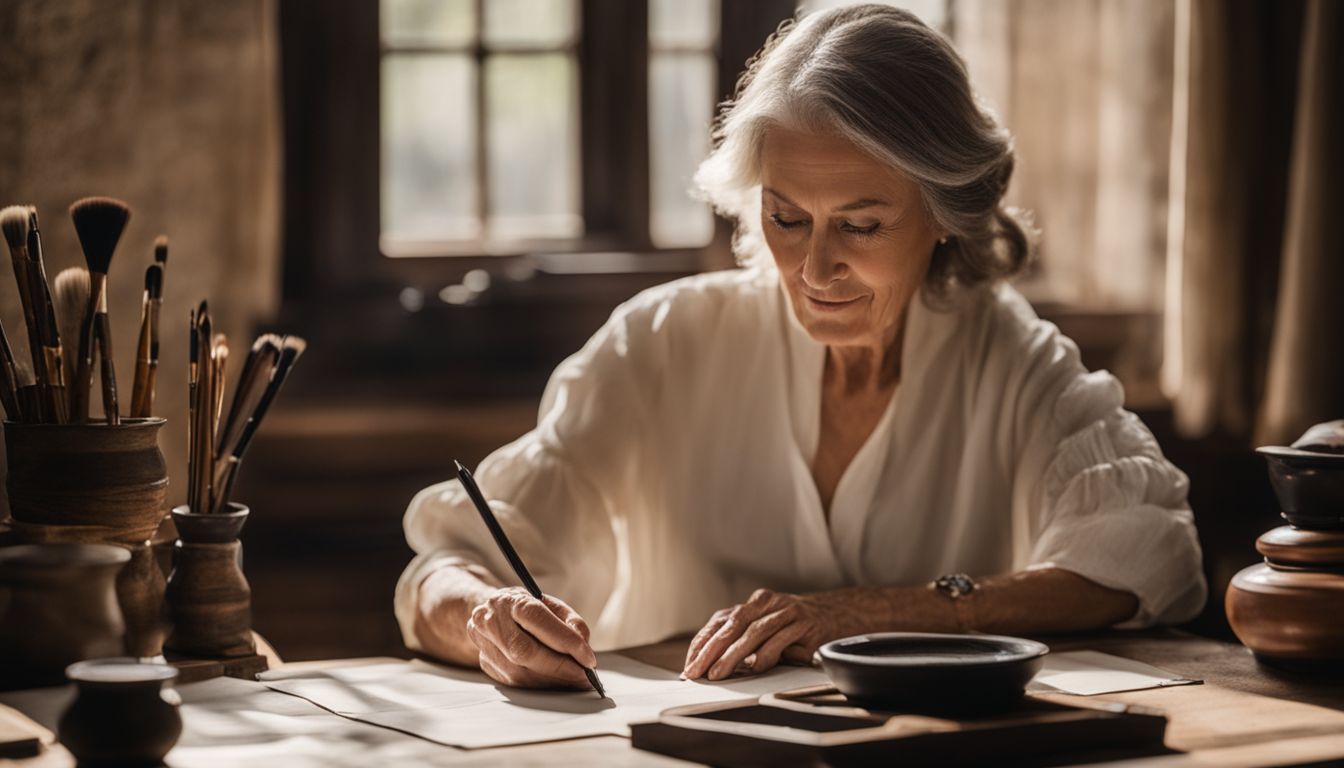 A woman practices Chinese calligraphy at a wooden desk.