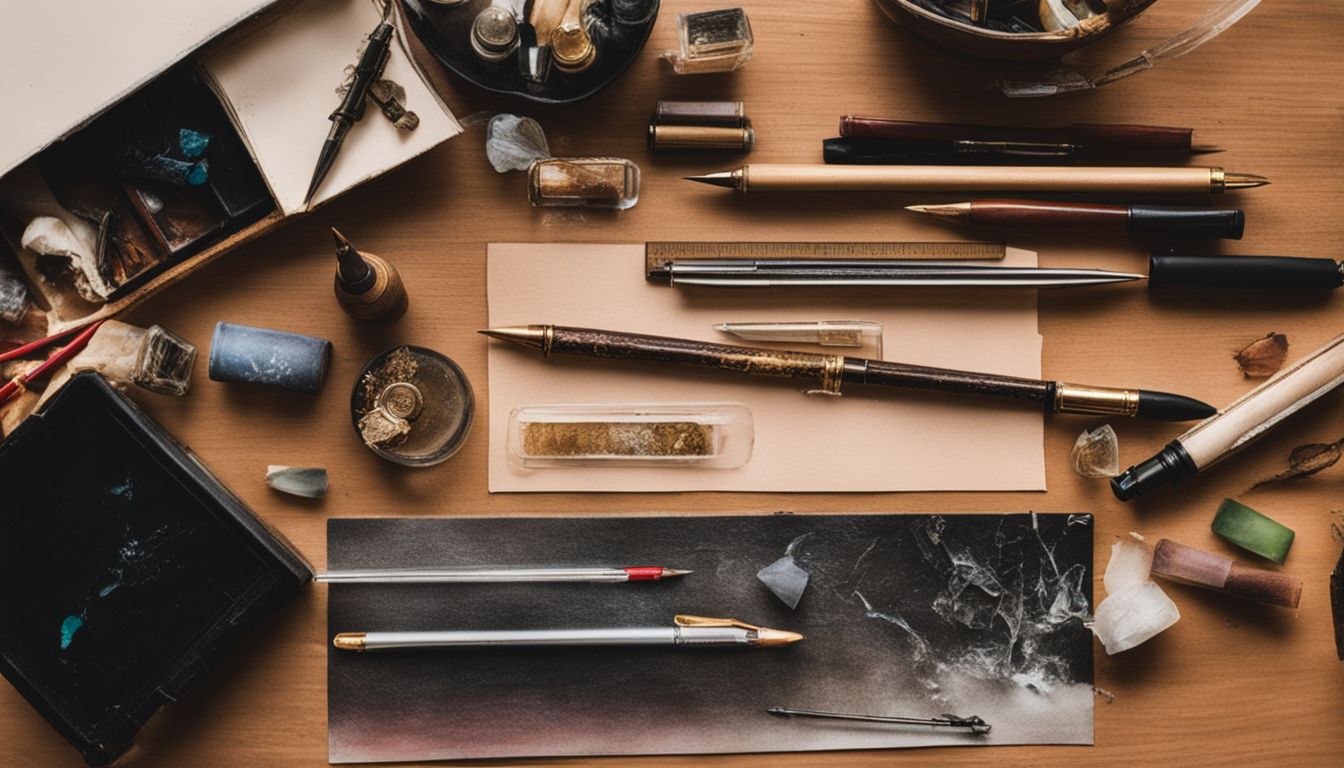 An artist's cluttered desk with calligraphy tools and fountain pens.