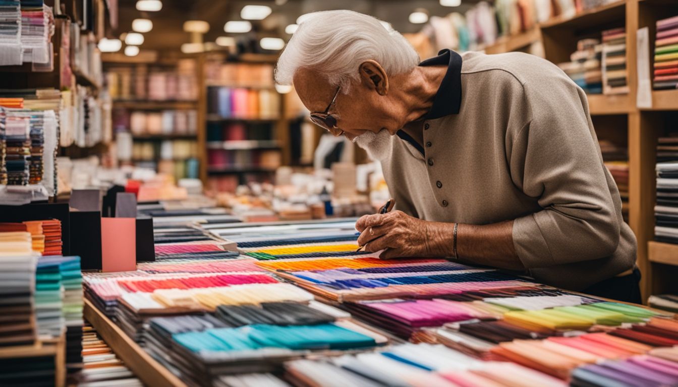 An older adult browsing premium stationery items in a store.