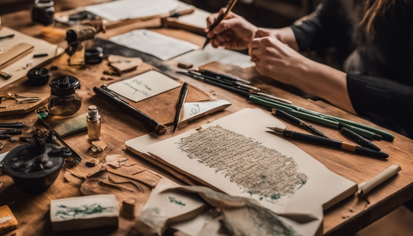 A woman prepares to start italic calligraphy with essential tools.