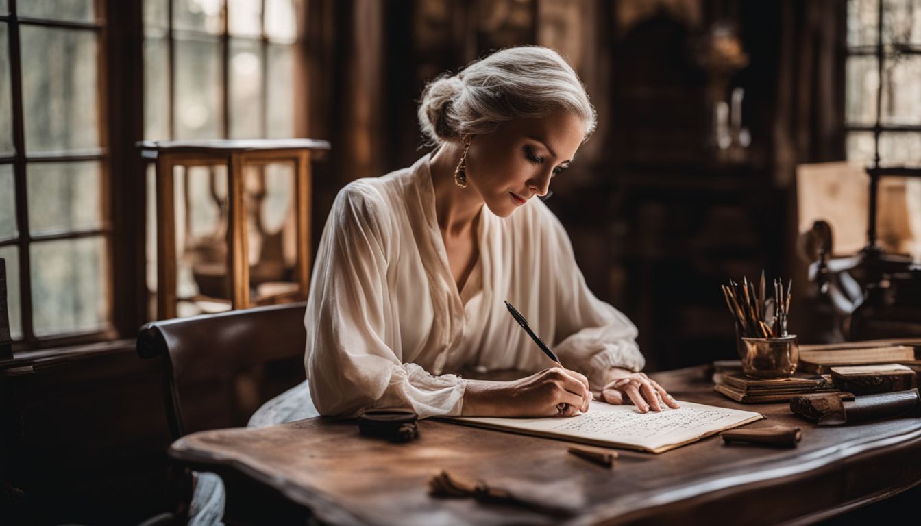 A woman practices Gothic calligraphy at a vintage desk in 2022.