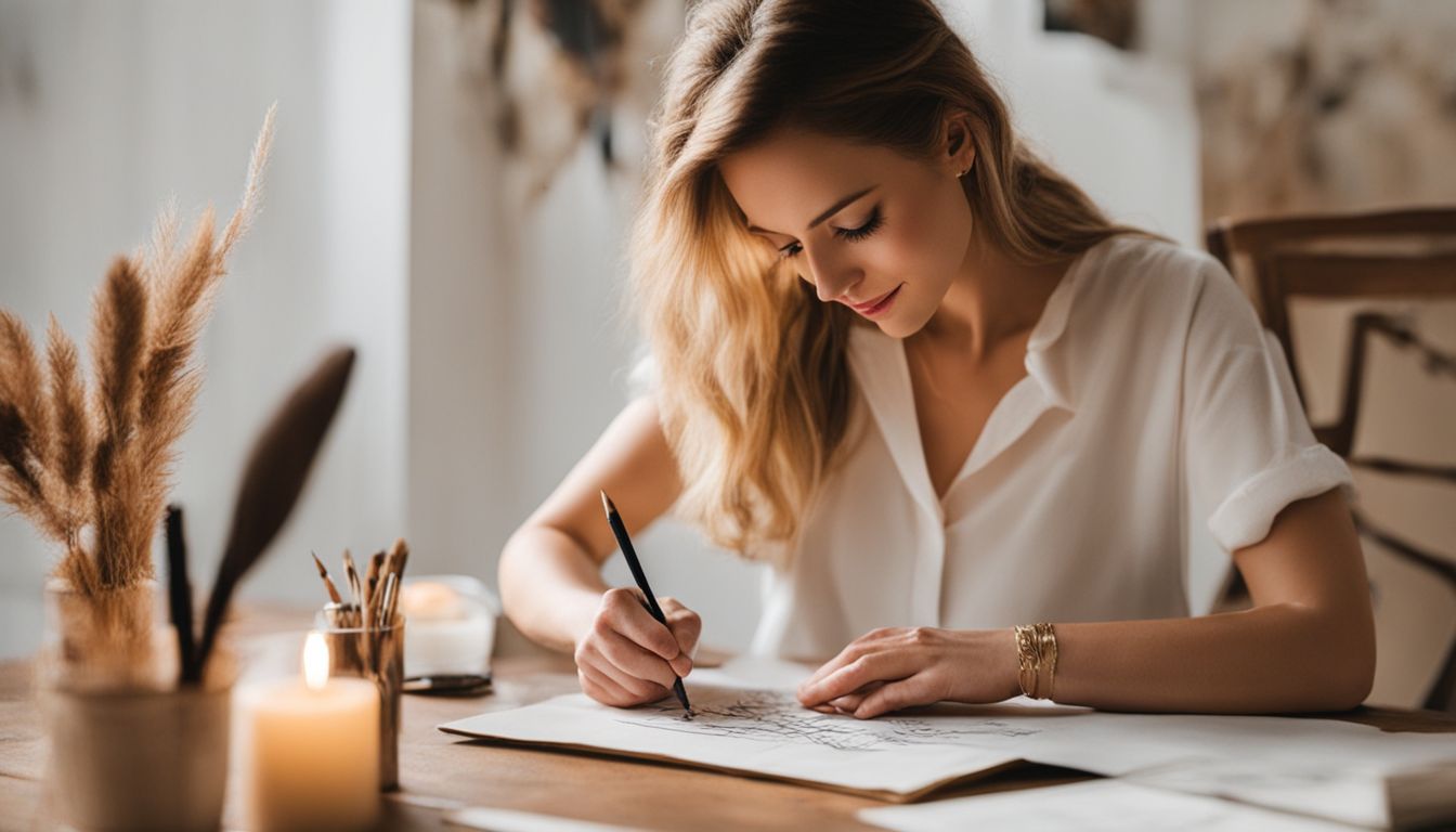 A woman practices traditional calligraphy with quill pen on textured paper.