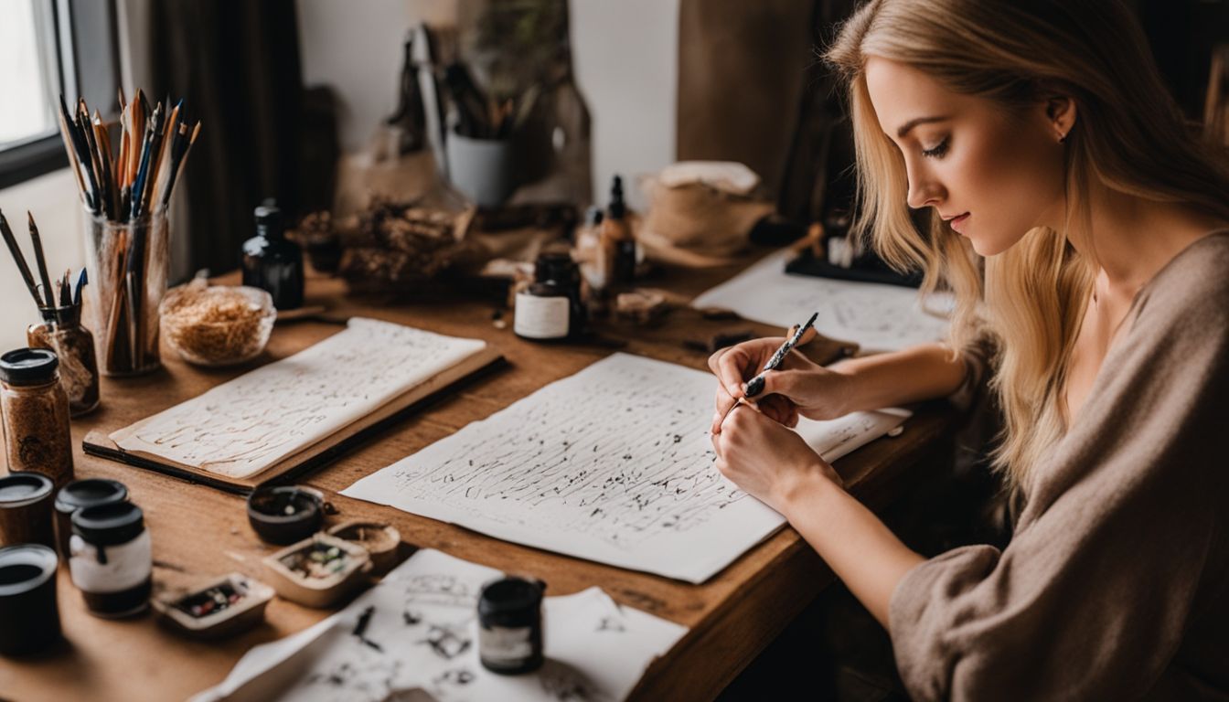 Young woman creating modern calligraphy art in cozy home studio.