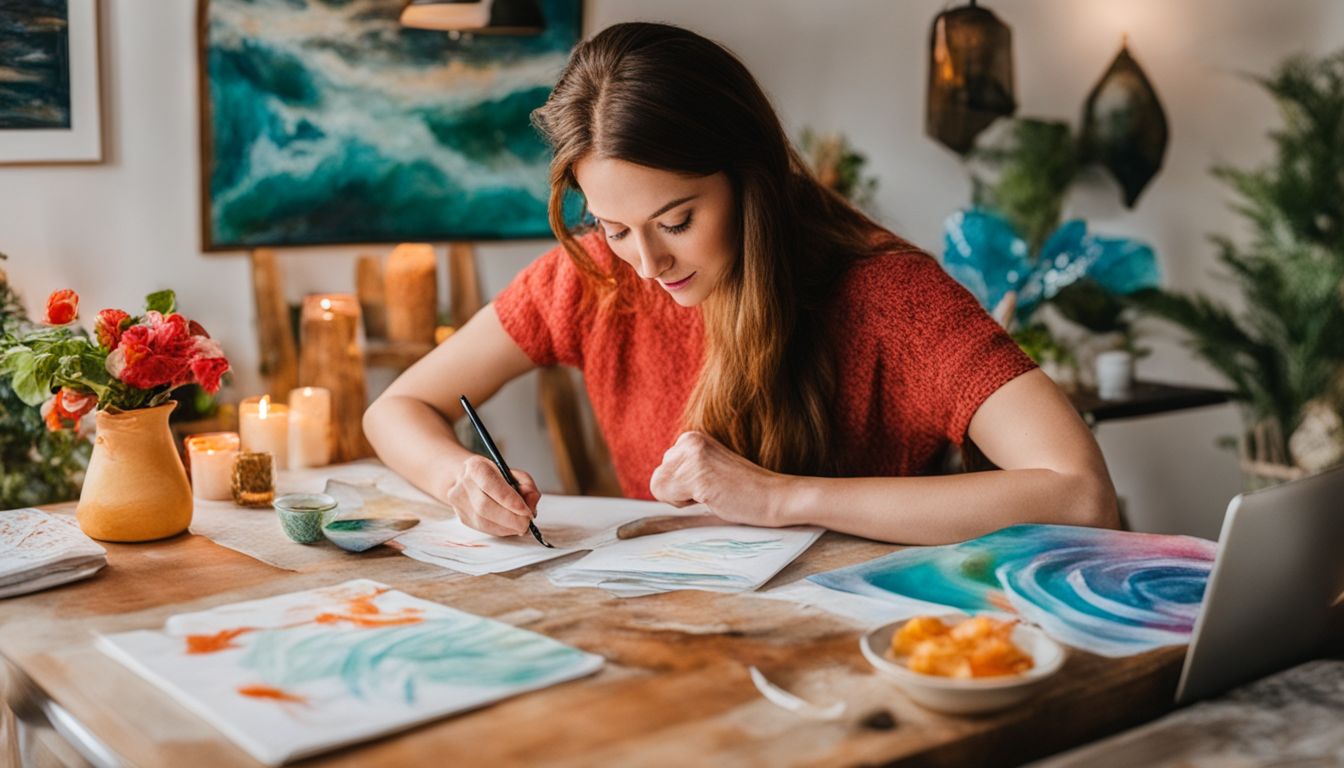 A woman practices calligraphy drills with themed worksheets in 2019.