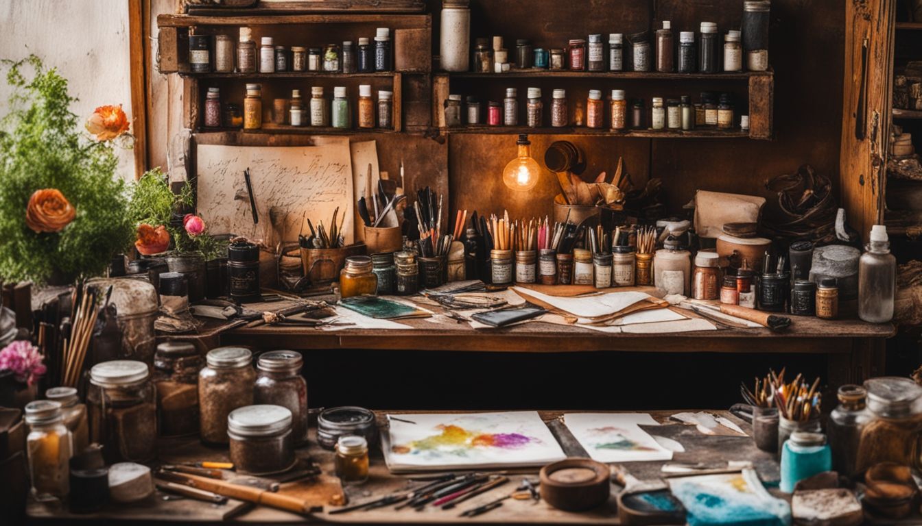 A cluttered work table with calligraphy supplies in a dimly lit room.