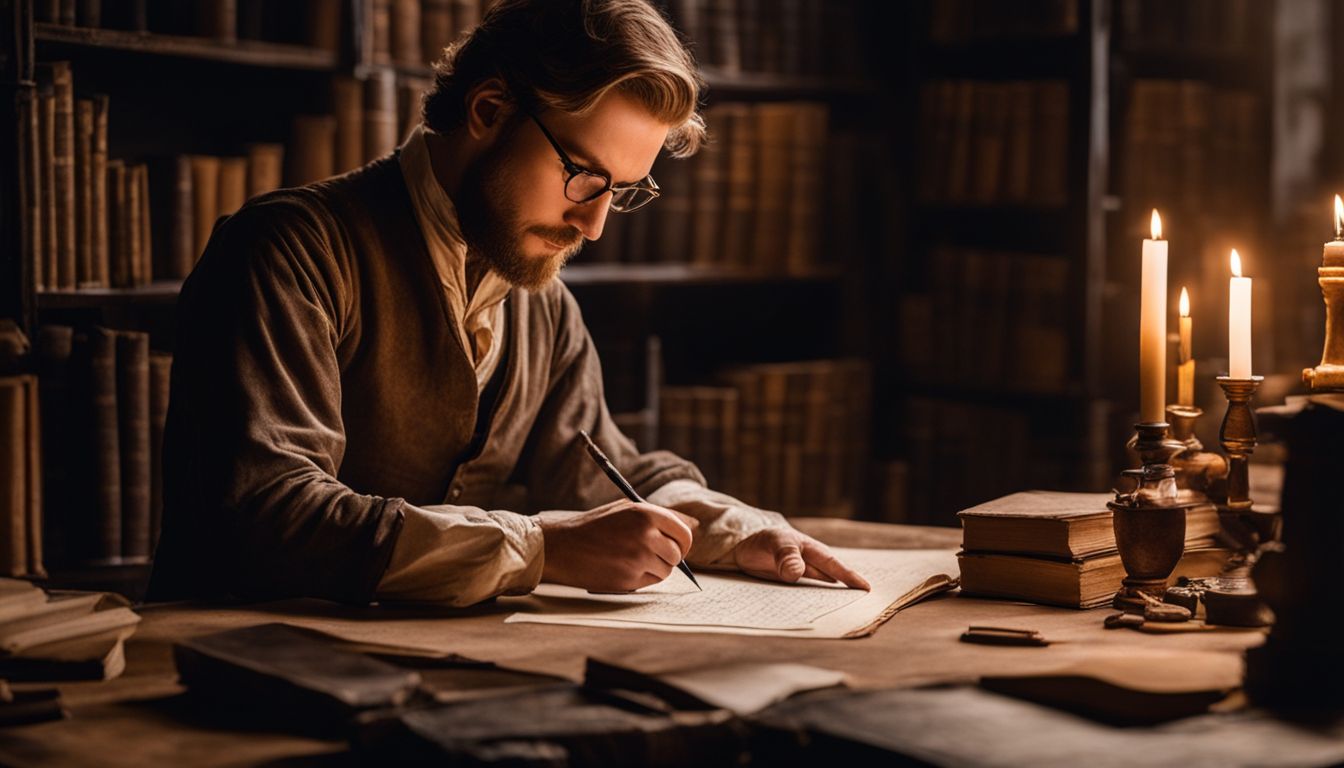 A man writes Gothic calligraphy with a quill in a study.