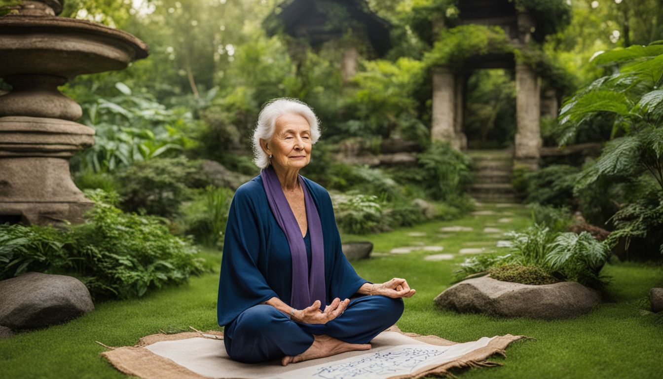 An elderly woman meditates in a peaceful garden with a calligraphy stone.