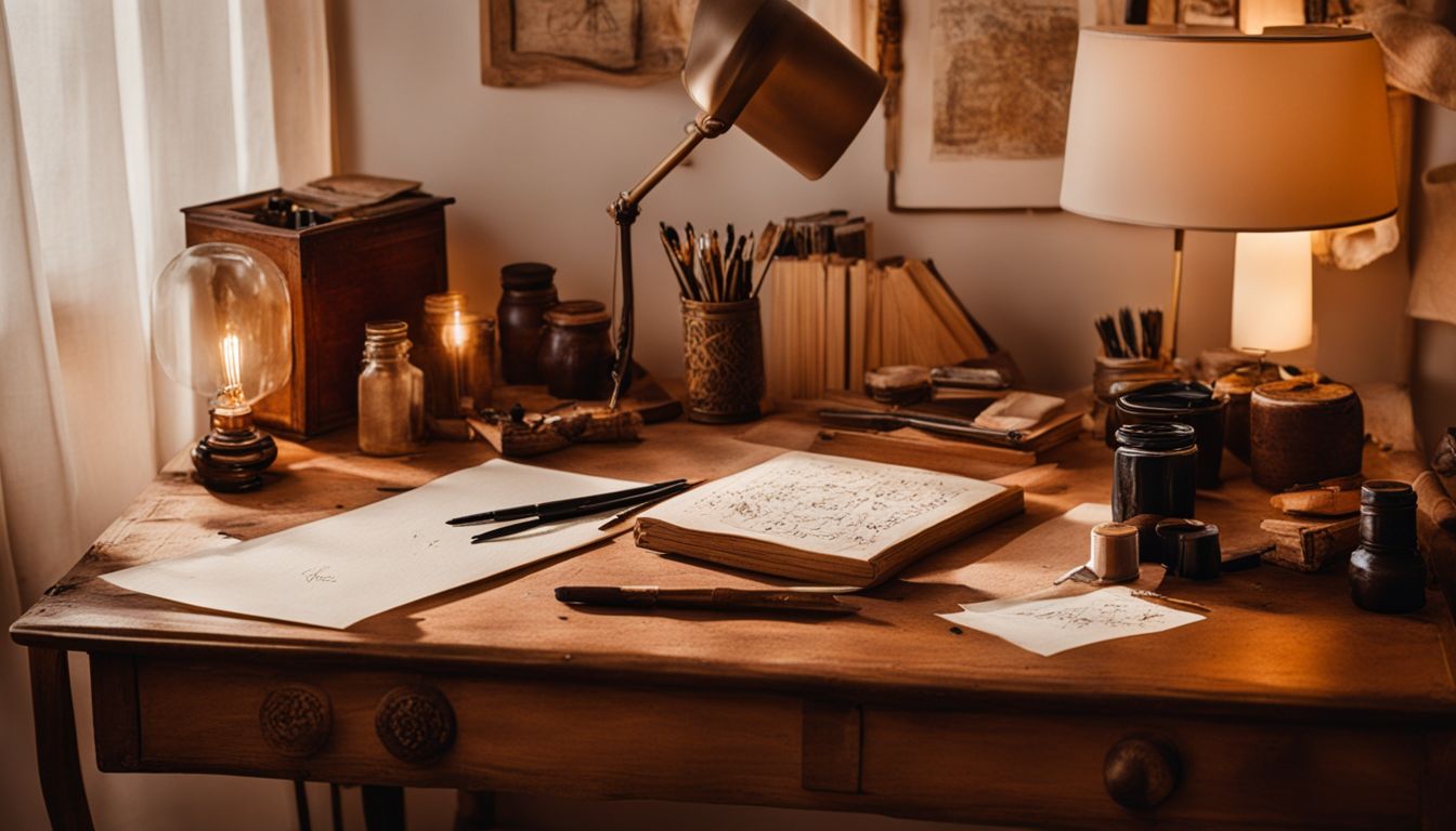 A cluttered calligraphy desk with intricate number designs in traditional and modern styles.