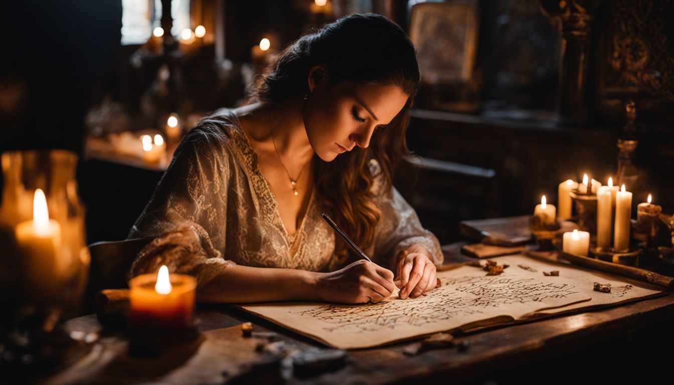 A woman in her 30s crafting religious calligraphy surrounded by candles.