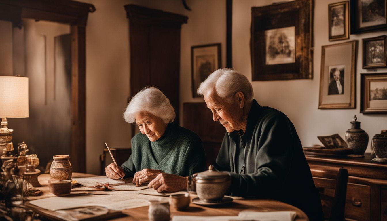 Elderly couple practising family calligraphy in cozy room filled with memorabilia.