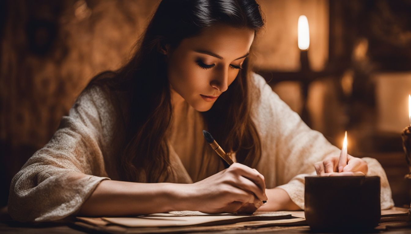 A woman in her 30s practicing calligraphy with devotion and spirituality.