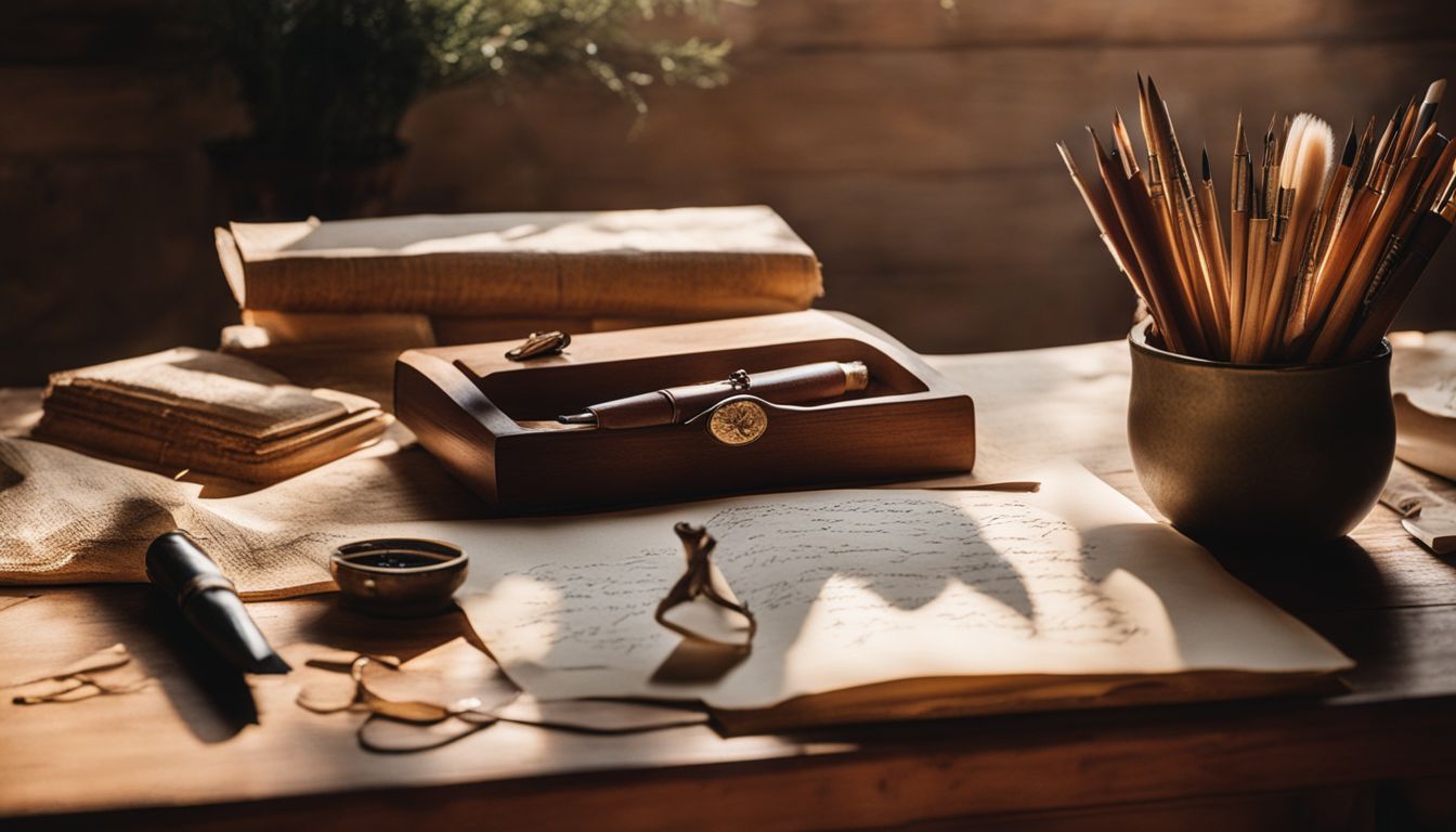 A wooden writing desk with calligraphy supplies for artistic pursuit.