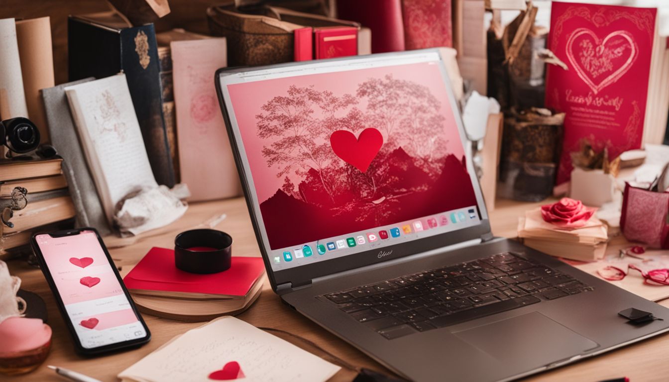 Cluttered desk with Valentine's Day calligraphy designs and laptop open to design website.