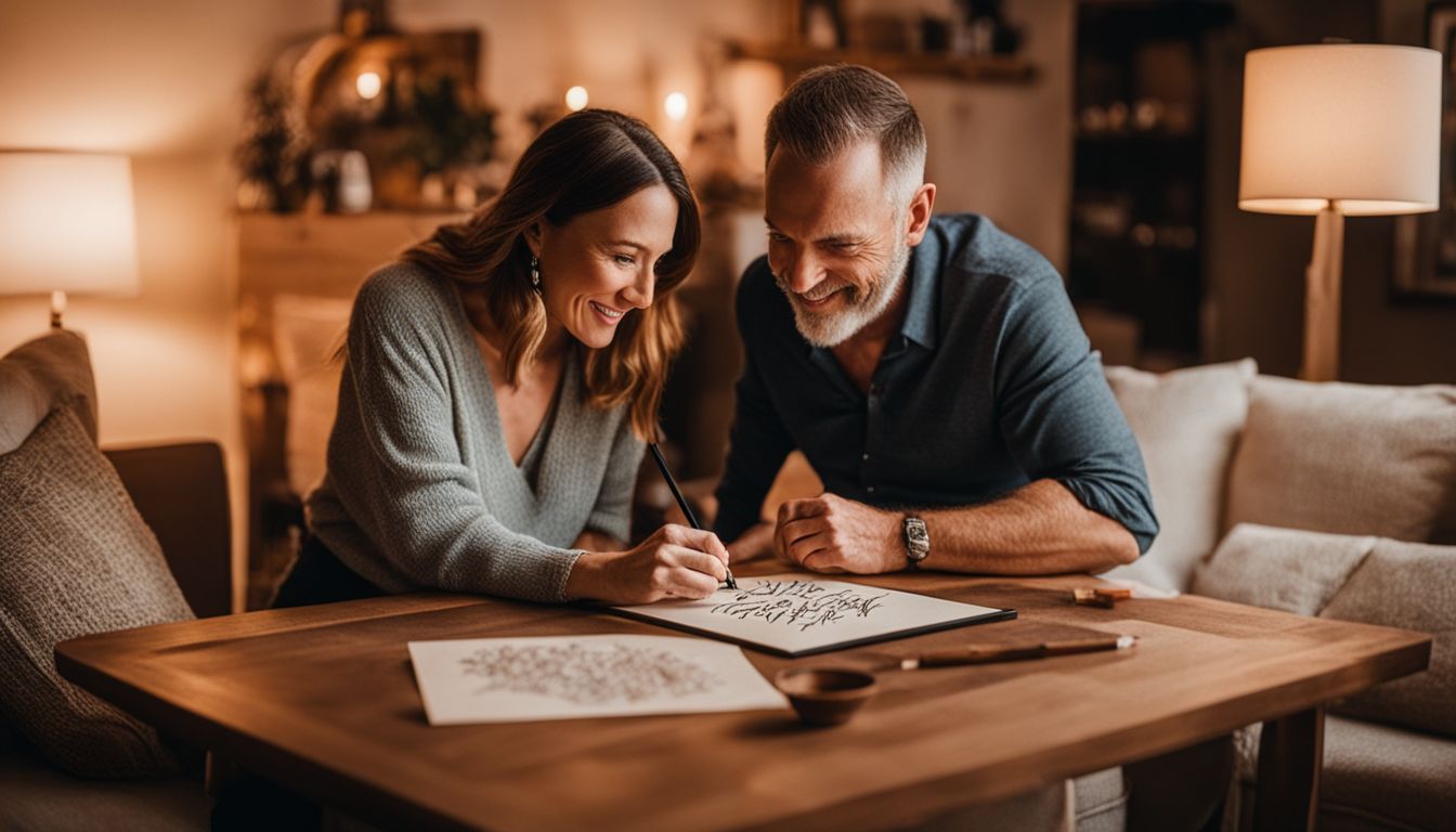 A couple in their 40s admiring a hand-lettered calligraphy anniversary portrait.