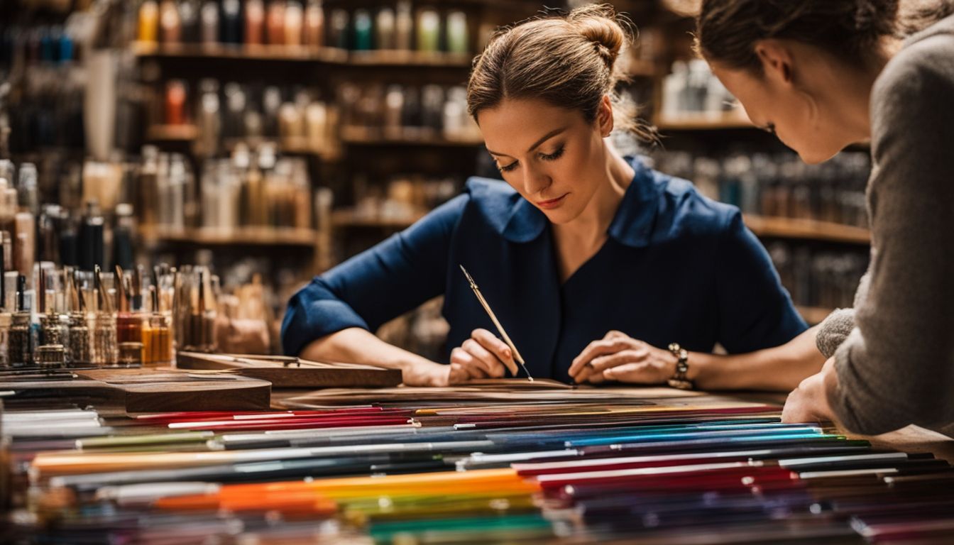 A woman in her 30s looking at glass pens in a calligraphy store.