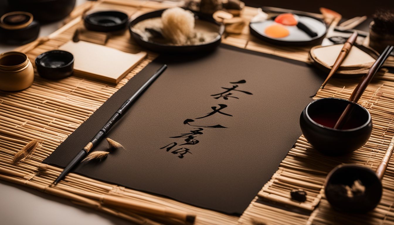 A traditional Japanese calligraphy set arranged on a bamboo mat.