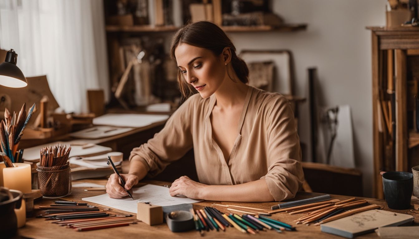 A woman practicing pencil calligraphy at a vintage desk.