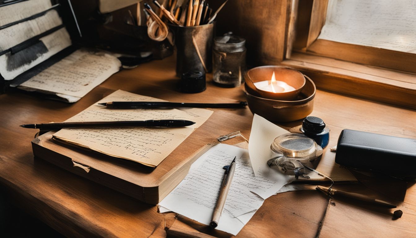 A well-used calligraphy kit on cluttered desk with practice sheets.