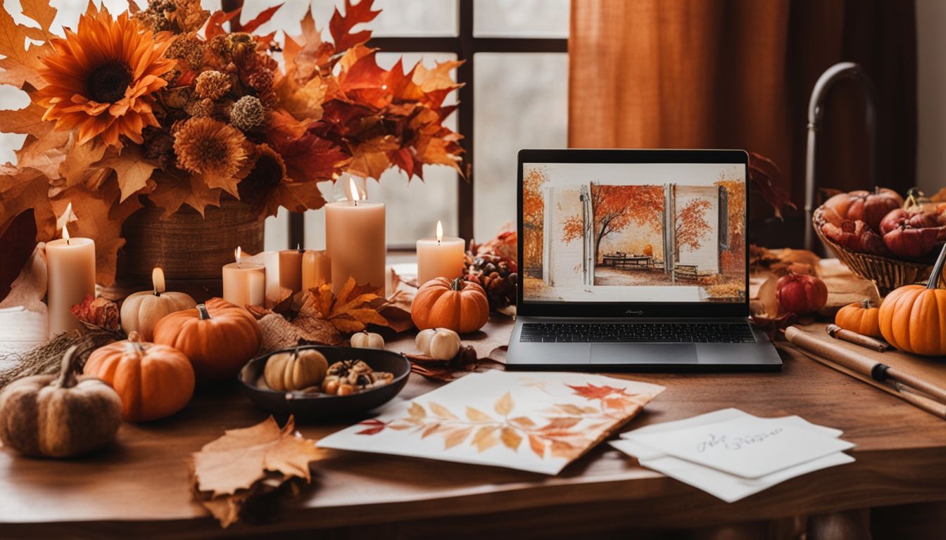 A cozy home office with an autumn-themed table spread and calligraphy pens.