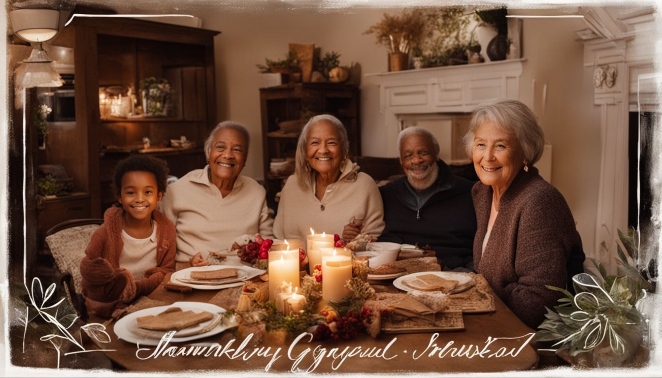 Three generations gathered in cozy living room around Thanksgiving cards.