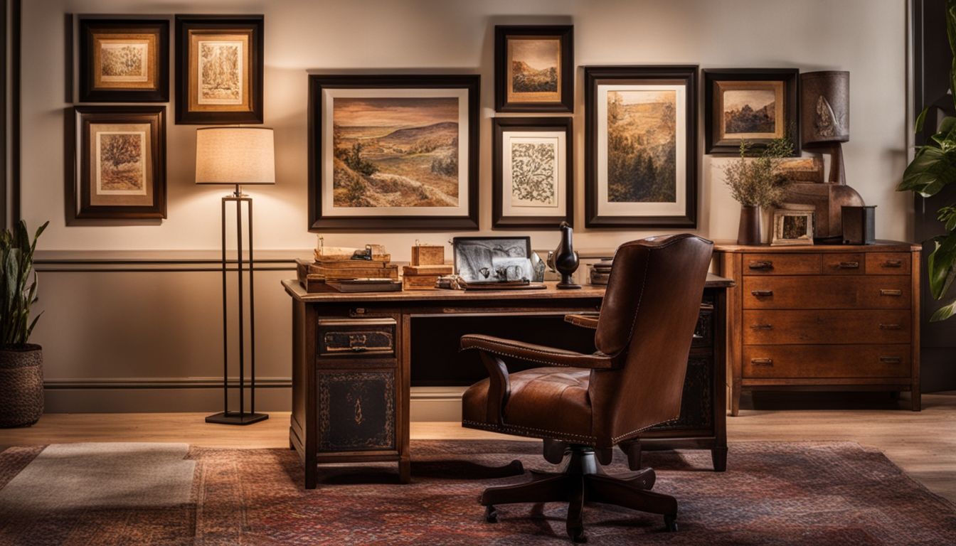 A rustic desk with vintage chair and dad calligraphy prints.