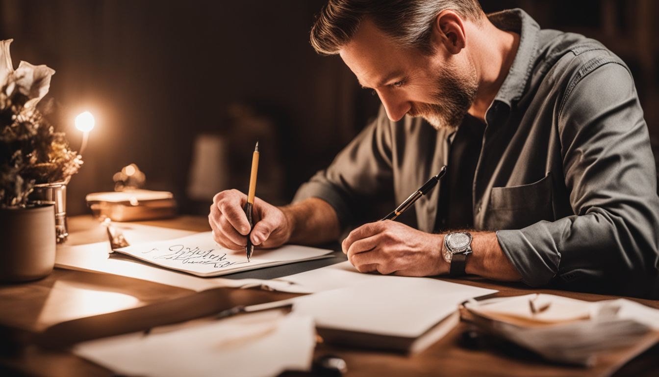 A father in his 40s writing elegant script for a Father's Day card.