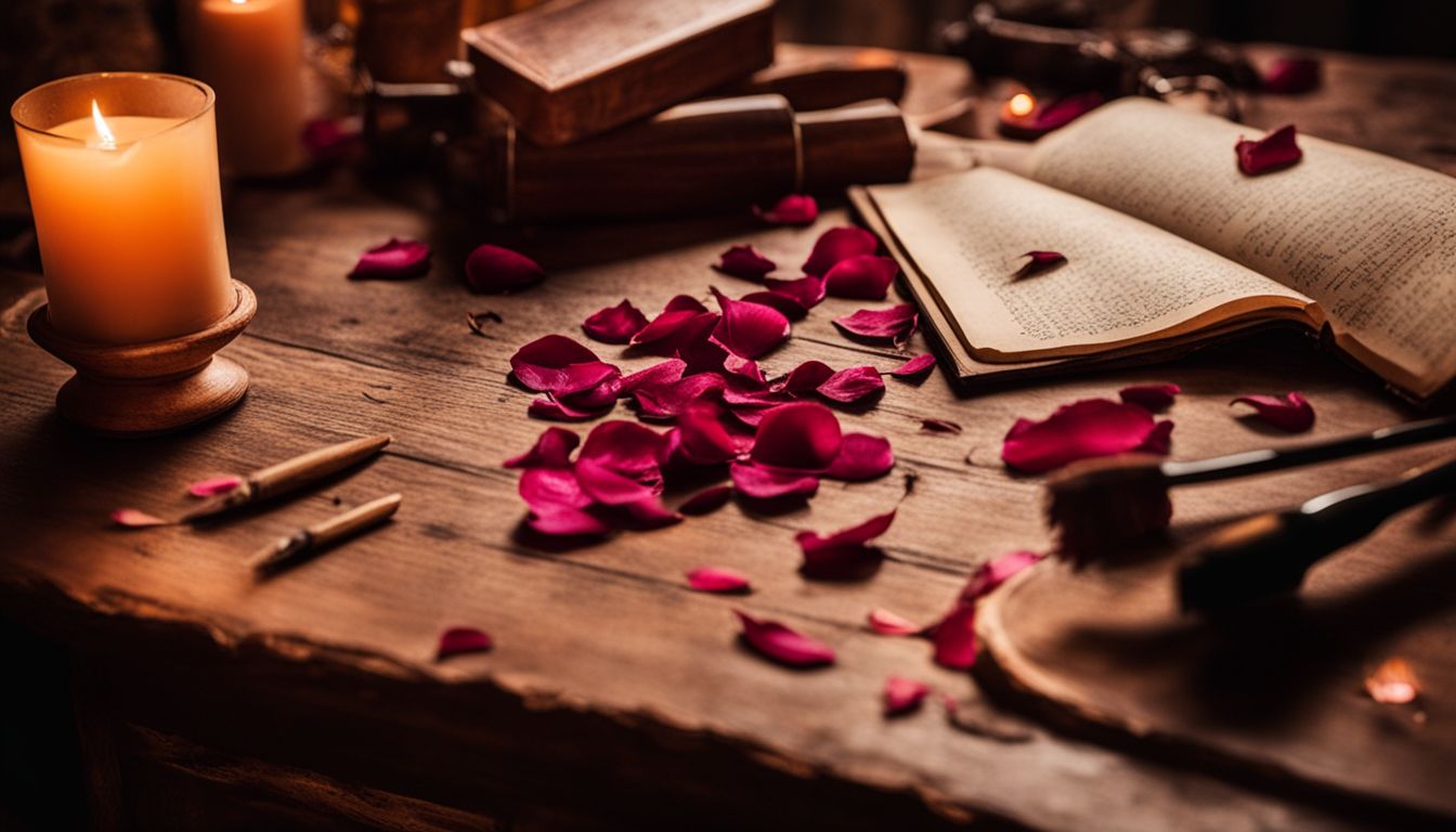 A picture of an aged desk with dried rose petals and a calligraphy brush.