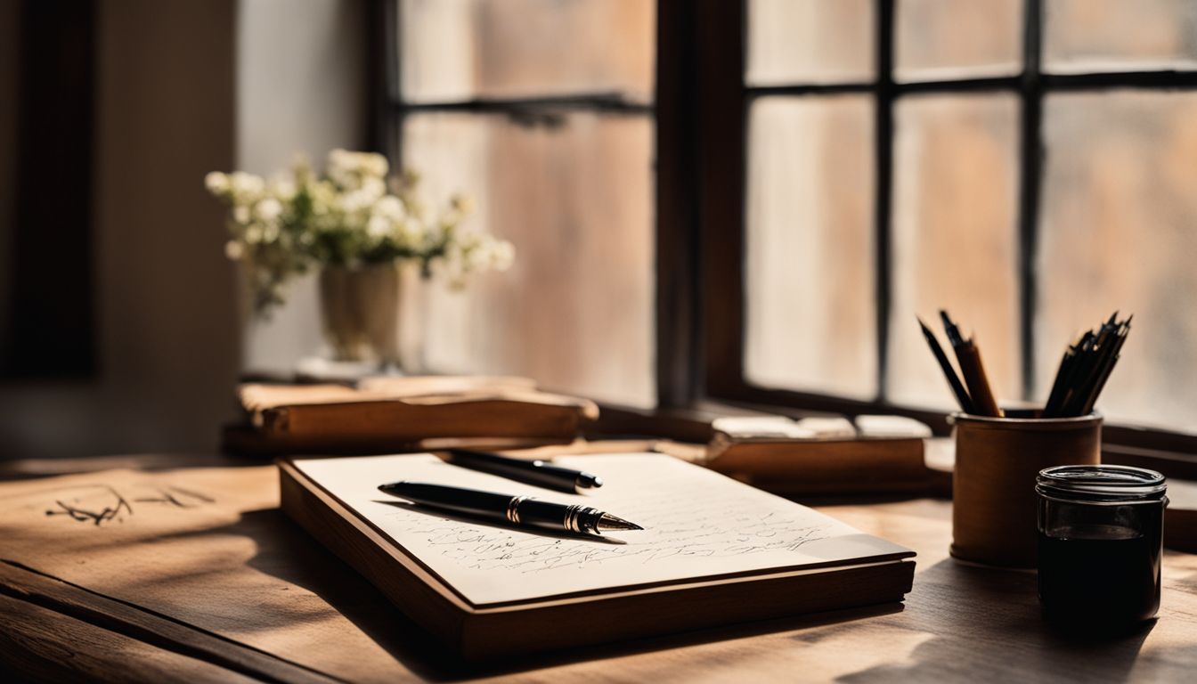 A wooden desk with calligraphy practice sheet and fountain pen.