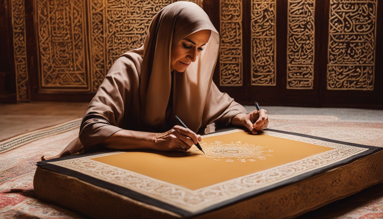 A woman in her 50s practicing Thuluth calligraphy in a traditional Arabic room.