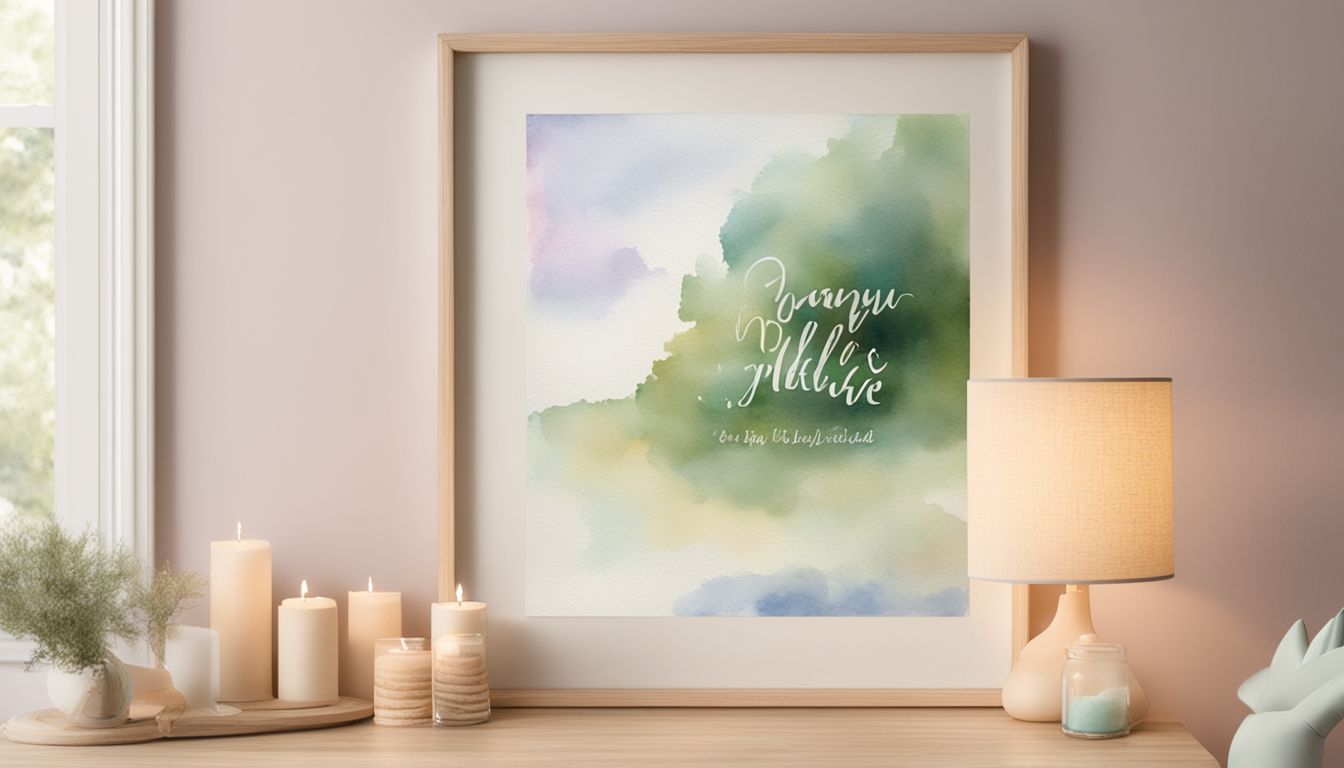 A personalized poem print with calligraphy and watercolor hanging in a nursery.