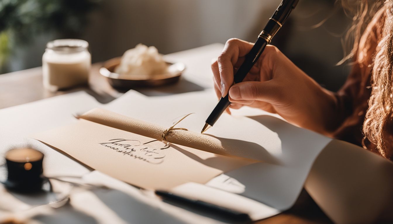 A woman practices calligraphy to create elegant wedding invitations.