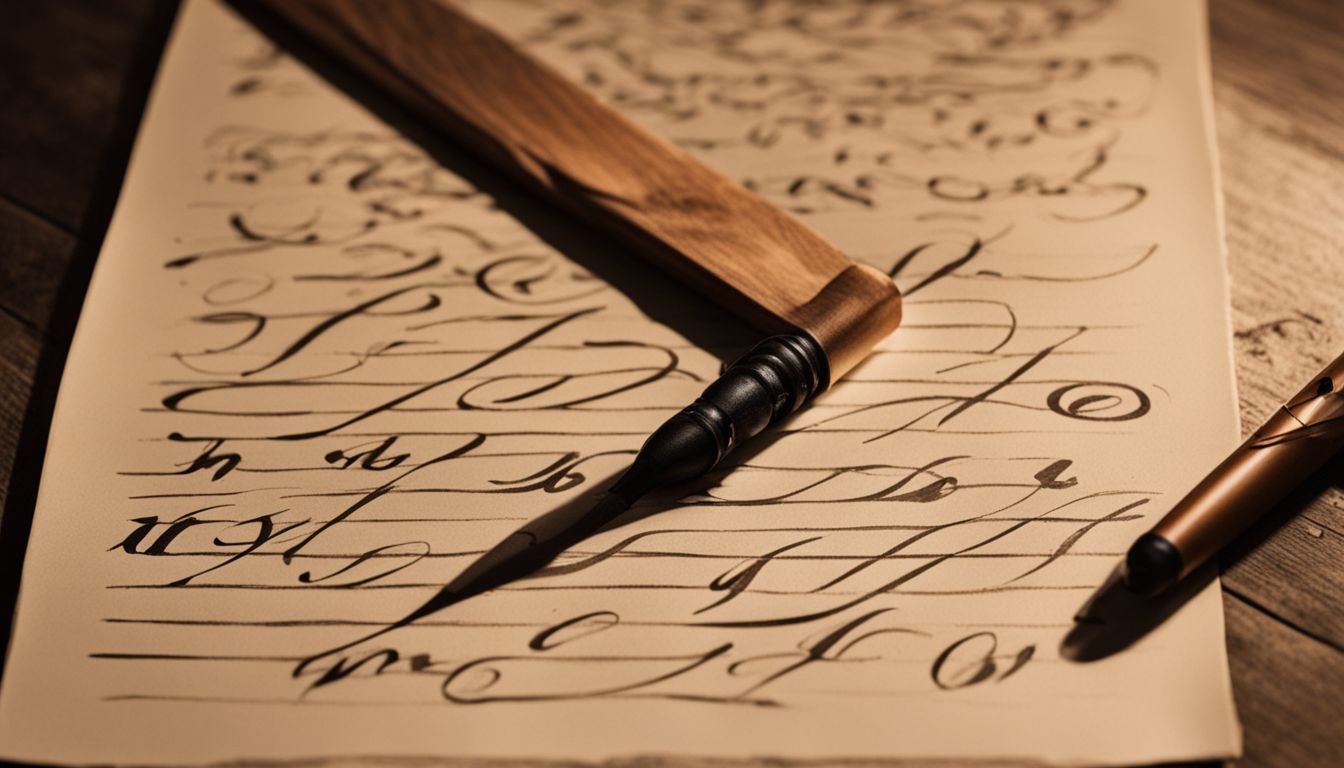 A close-up of a calligraphy worksheet on a wooden desk.