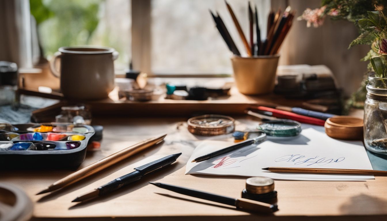 A cluttered desk with calligraphy tools and practice sheets in soft lighting.