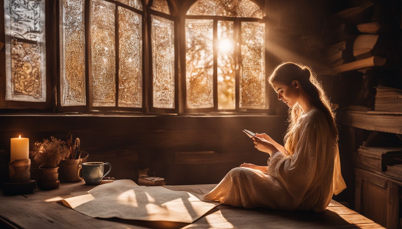 A woman sitting at a desk with scattered parchment paper filled with calligraphy.